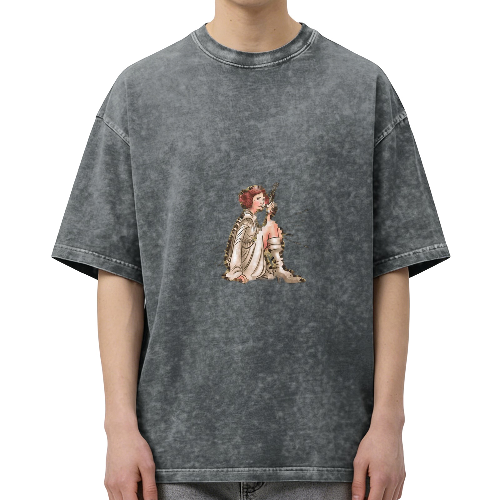 Washed Black Oversized T-Shirt With Princess Leia Graphic Print