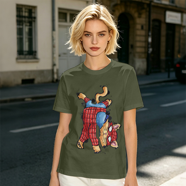 Olive T-Shirt With Playful Spider Cat Superhero Graphic Print