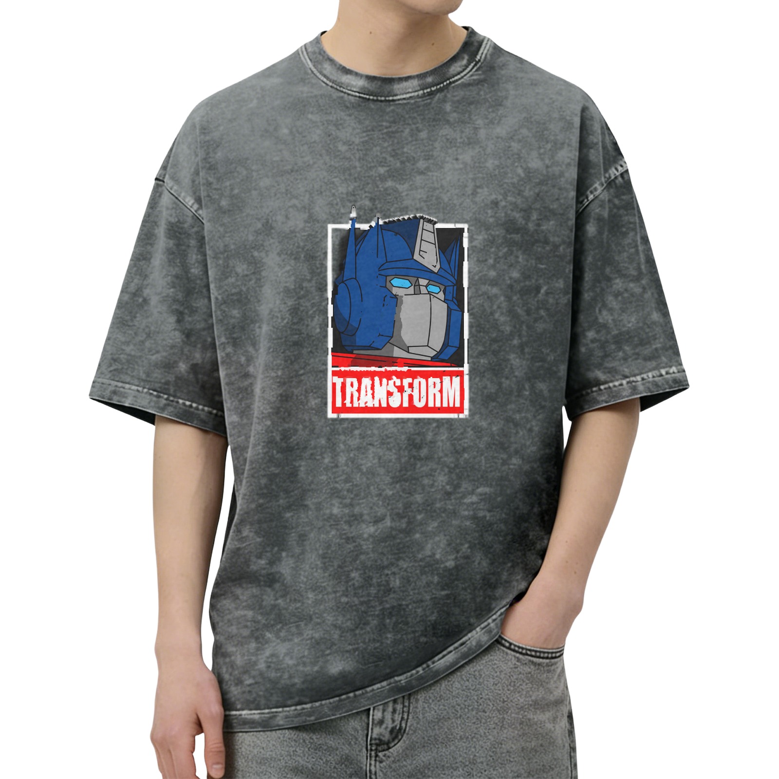 Washed Black T-Shirt with Optimus Prime Graphic and Transform Text
