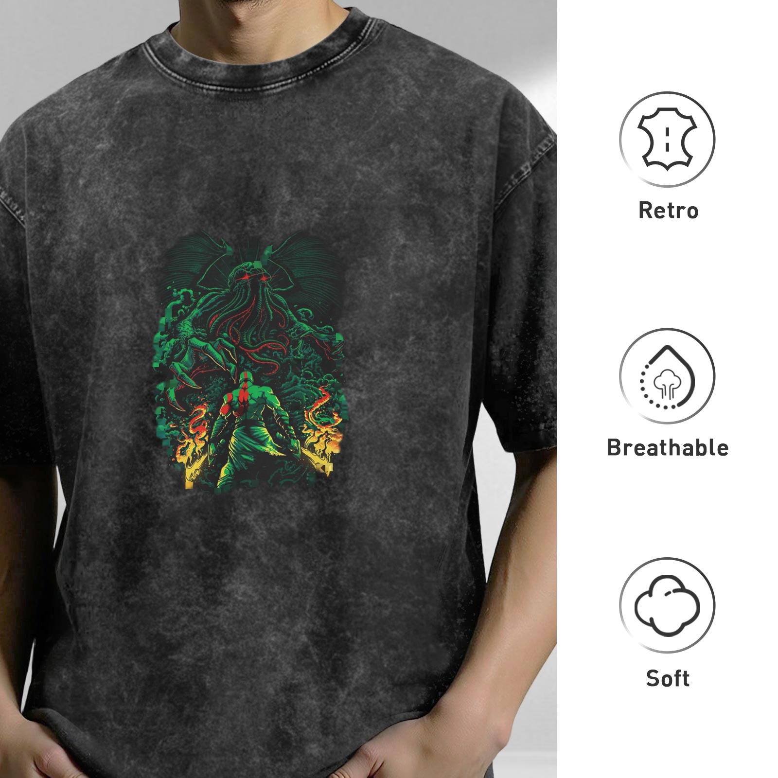 Oversized Acid Wash Graphic T-Shirt with Cthulhu and God of War Kratos Print, Dark Gray Distressed Short Sleeve Tee