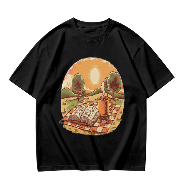 Olive T-Shirt with Sunset Picnic Book and Coffee Art