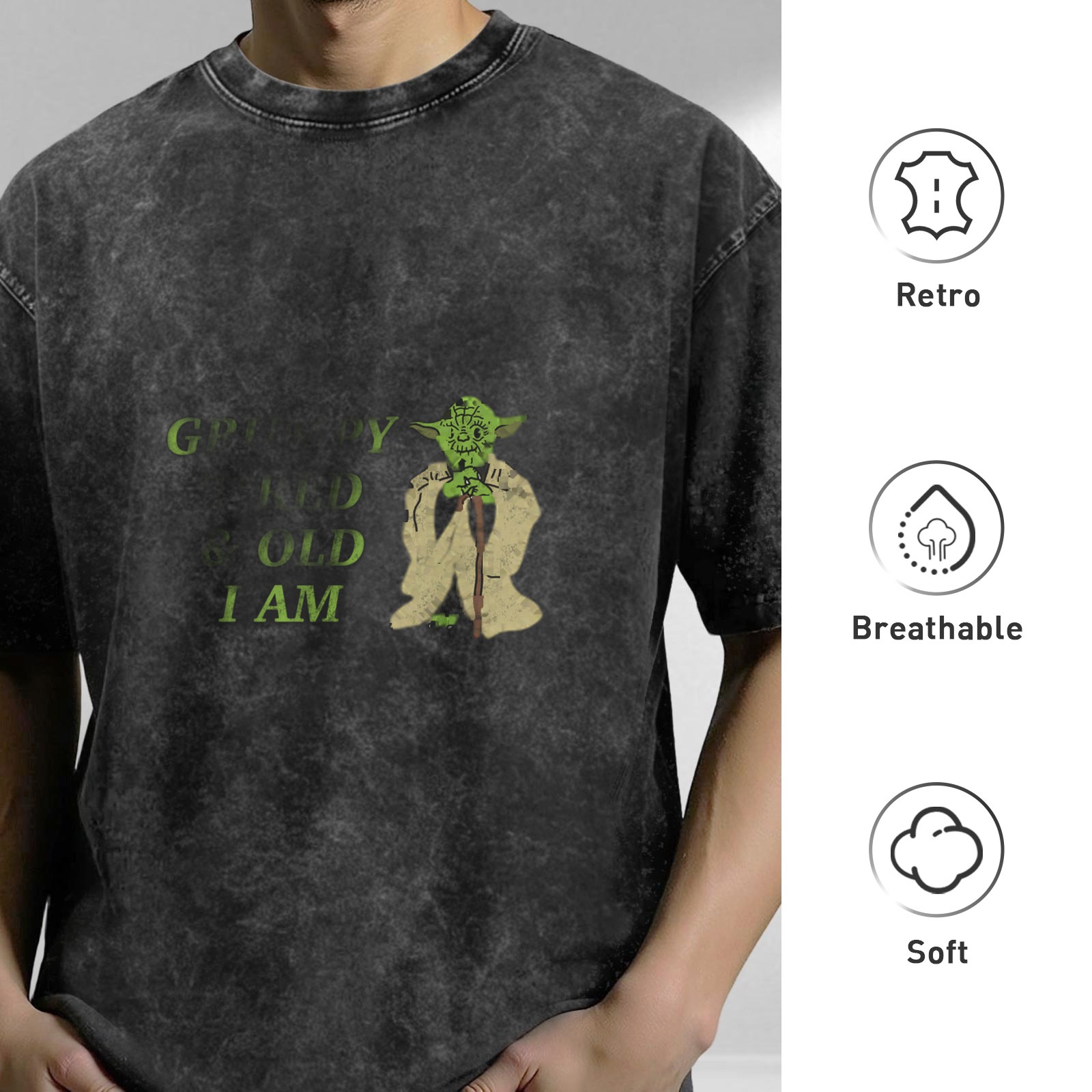 Worn black acid wash t-shirt with Yoda 'Grow Old I Am' print