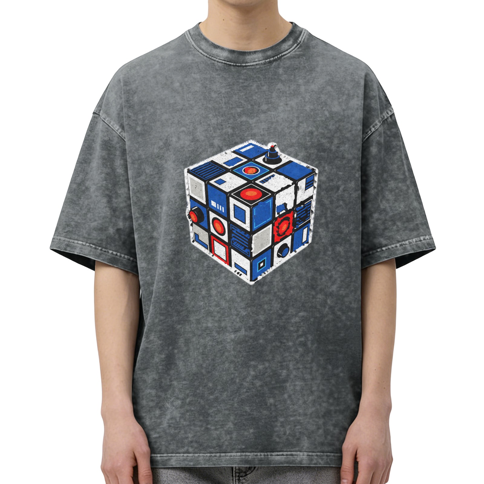 Oversized Acid Wash T-Shirt With Futuristic Rubik's Cube Graphic