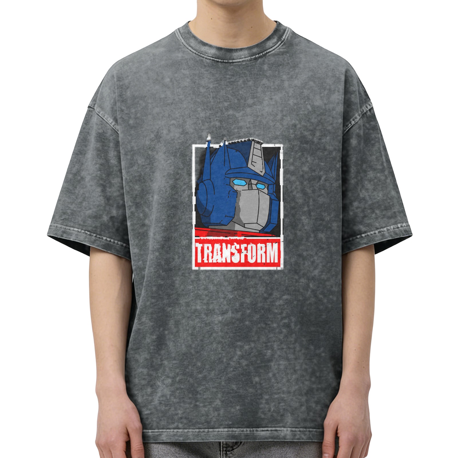 Washed Black T-Shirt with Optimus Prime Graphic and Transform Text