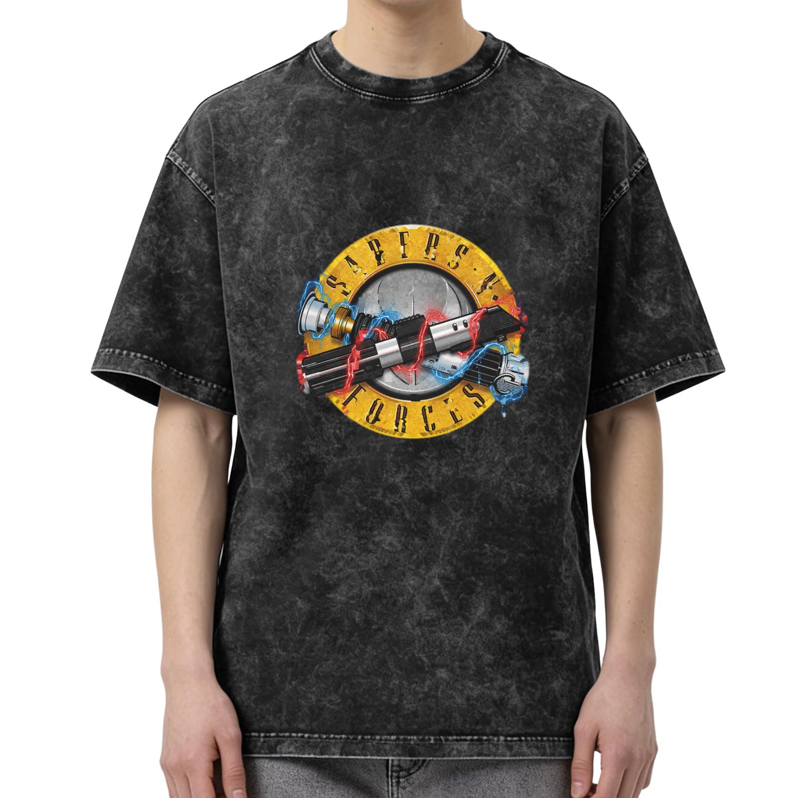 Oversized Acid-Wash T-Shirt with 'Saber's Forces' Lightsaber Graphic Print