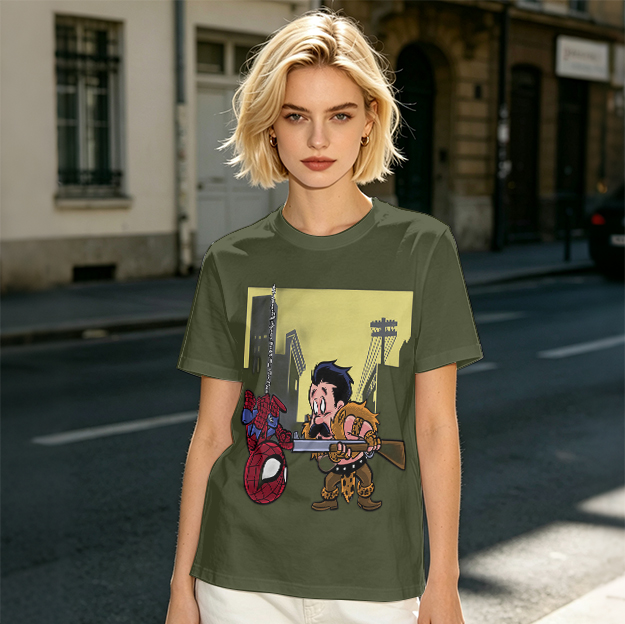 Olive T-shirt with Spider-Man and Hunter Cartoon Print