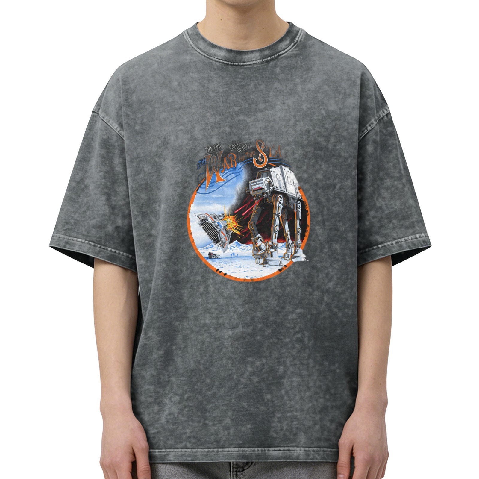 Star Wars Battle of Hoth AT-AT Snow Speeder Graphic Acid Wash Oversized T-Shirt