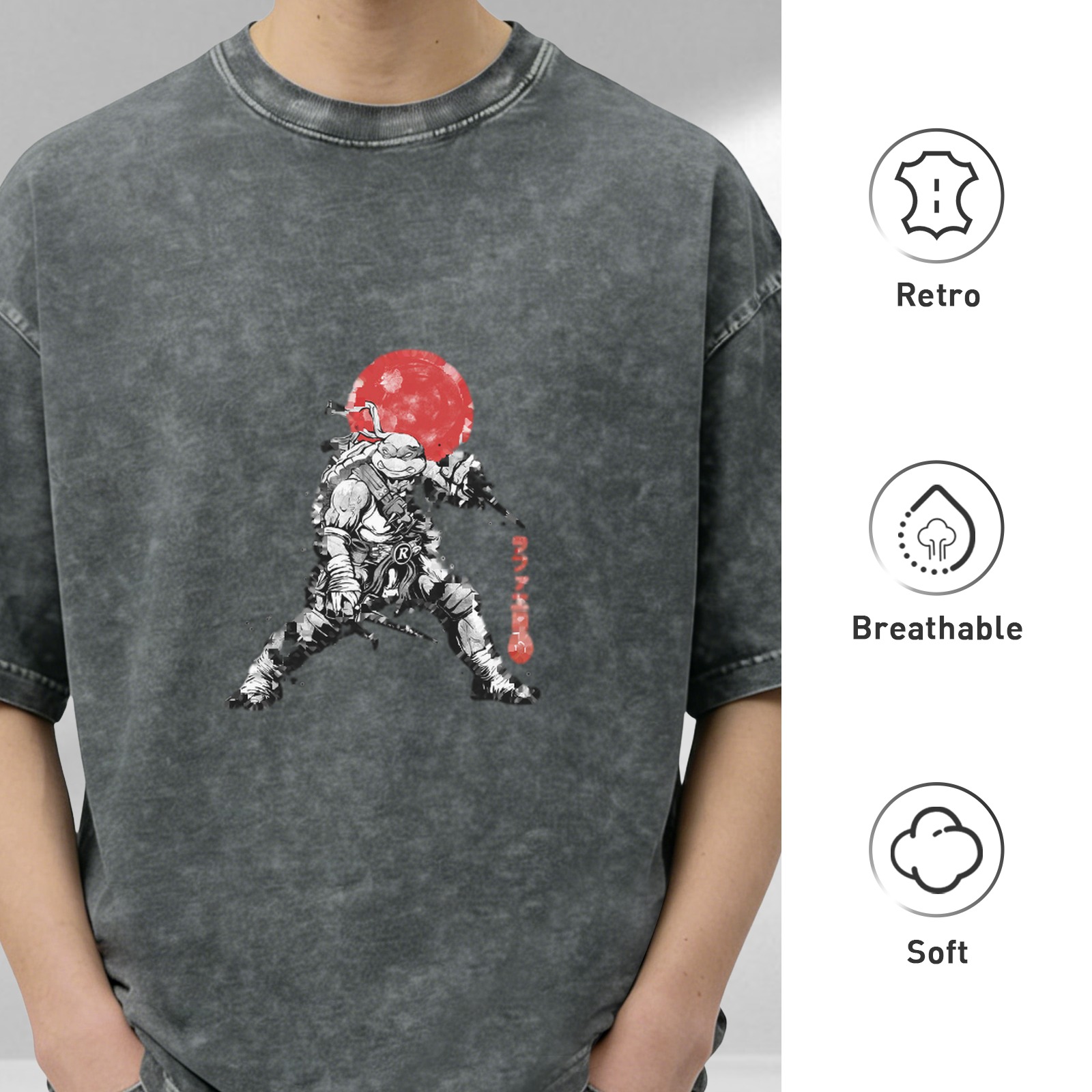 Washed black t-shirt with ninja turtle warrior graphic and red moon design
