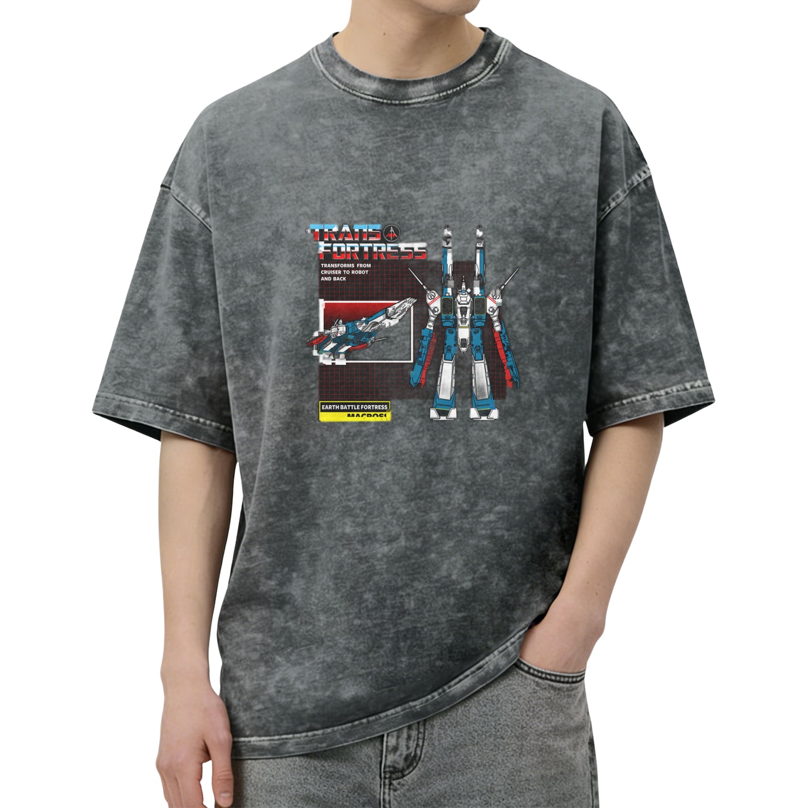 Retro distressed washed black short-sleeved T-shirt Battlestar mecha-themed printed loose top