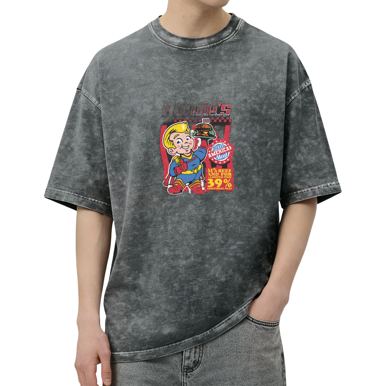 Vintage Acid Wash T-Shirt With Retro Fast Food Superhero Print