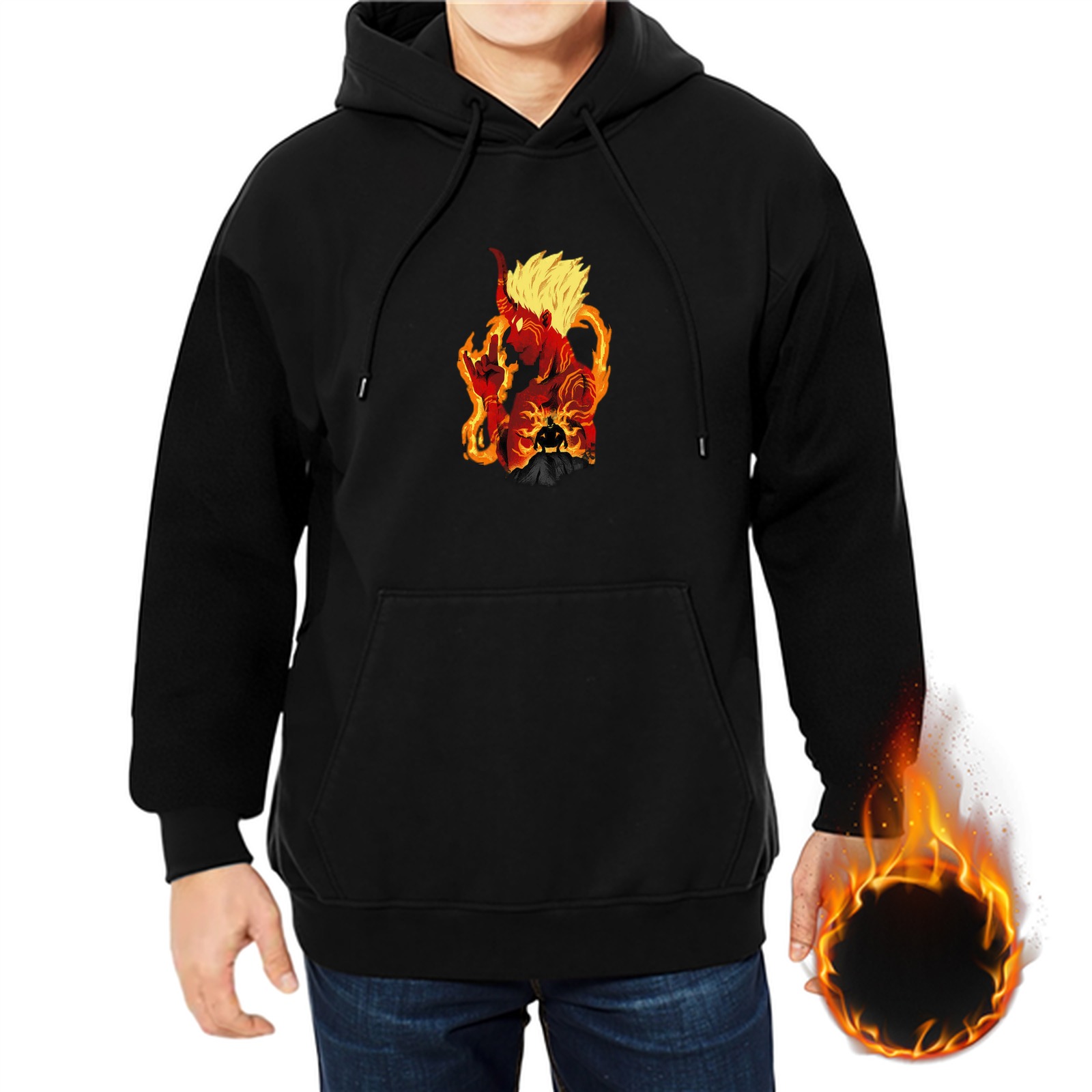 Black Hoodie With Fiery Anime Demon Character Graphic