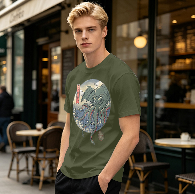 Olive T-shirt with Ukiyo-e Style Cthulhu Octopus Print