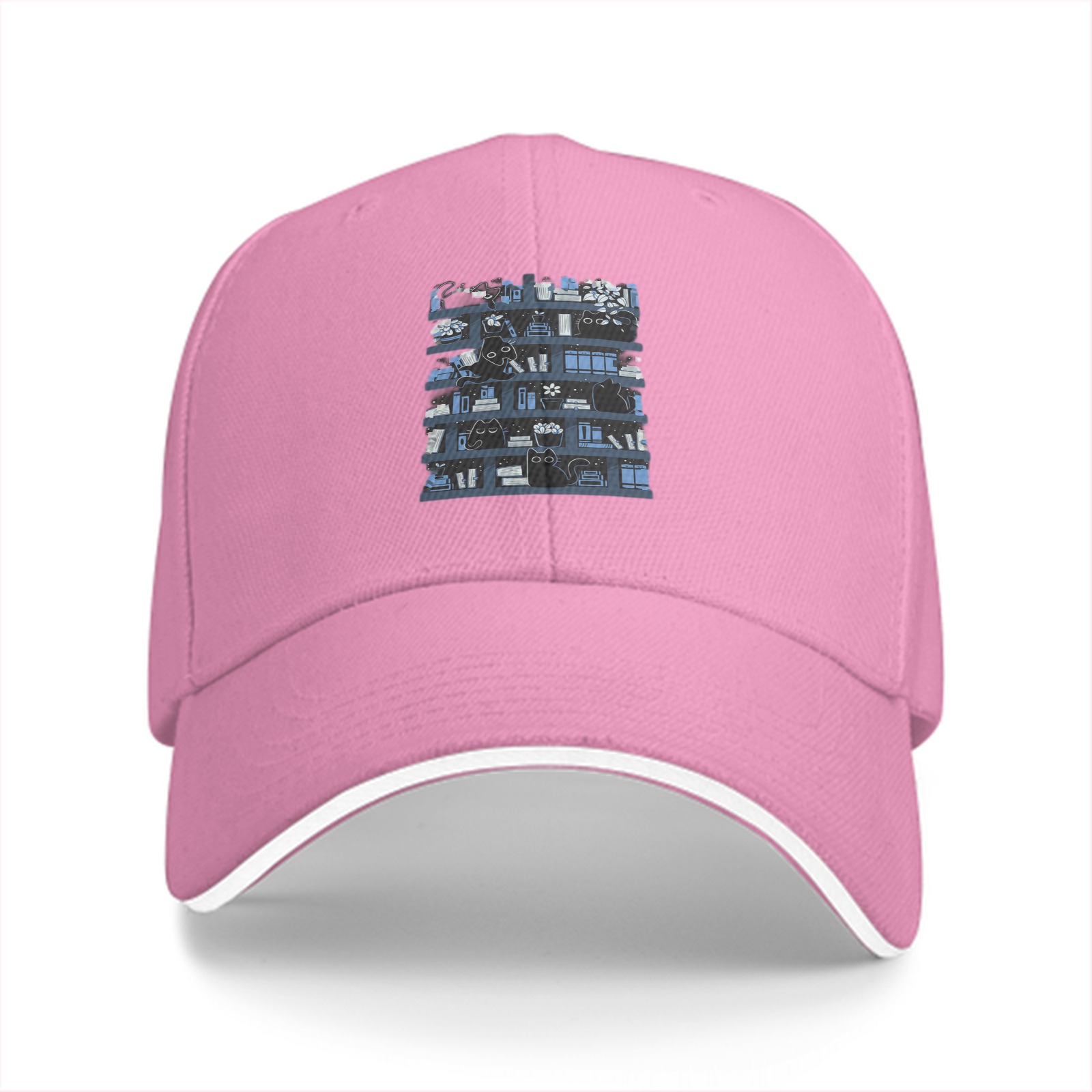 Black Baseball Cap With Bookshelf And Black Cat Graphic