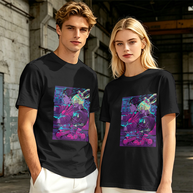 Olive T-shirt with Neon Cyberpunk Anime Character Print