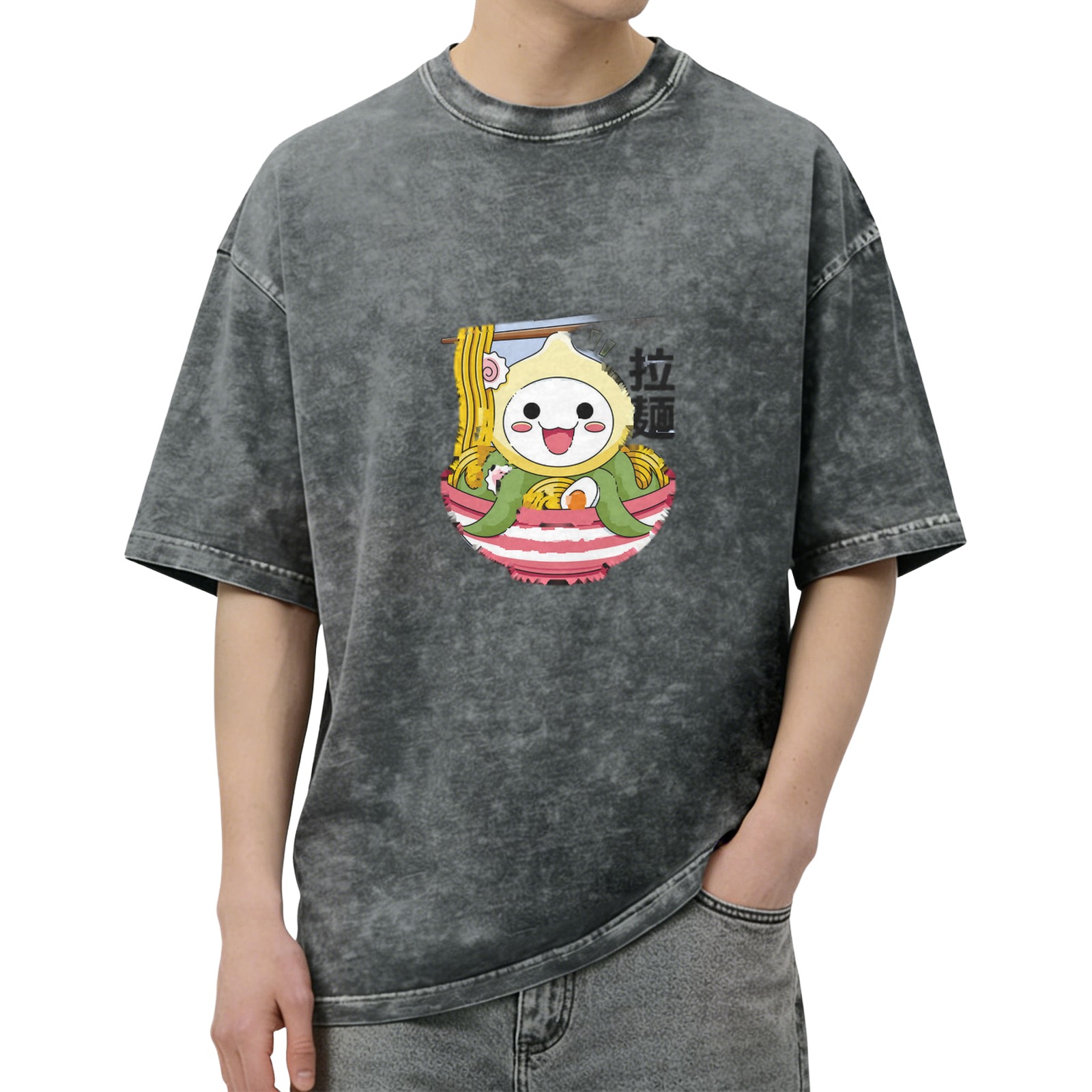 oversized acid wash t-shirt with cute octopus ramen graphic