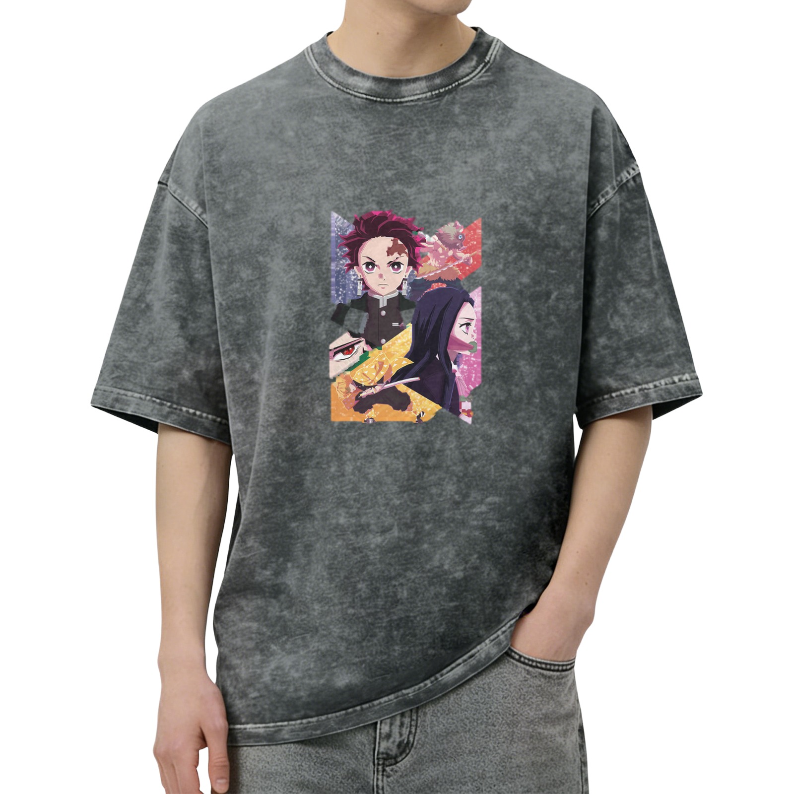 Anime Demon Slayer Tanjiro Nezuko Zenitsu Graphic Oversized Acid Wash T-Shirt for Men