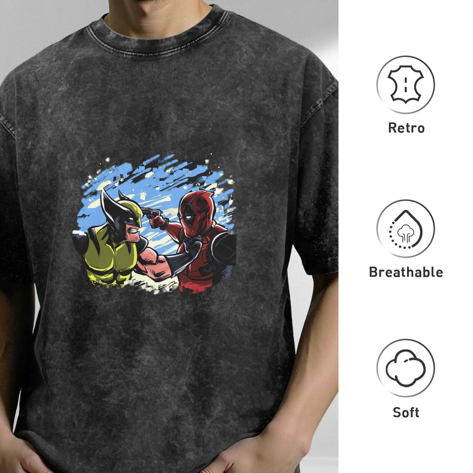 Wolverine and Deadpool Graphic Print Dark Wash T-Shirt