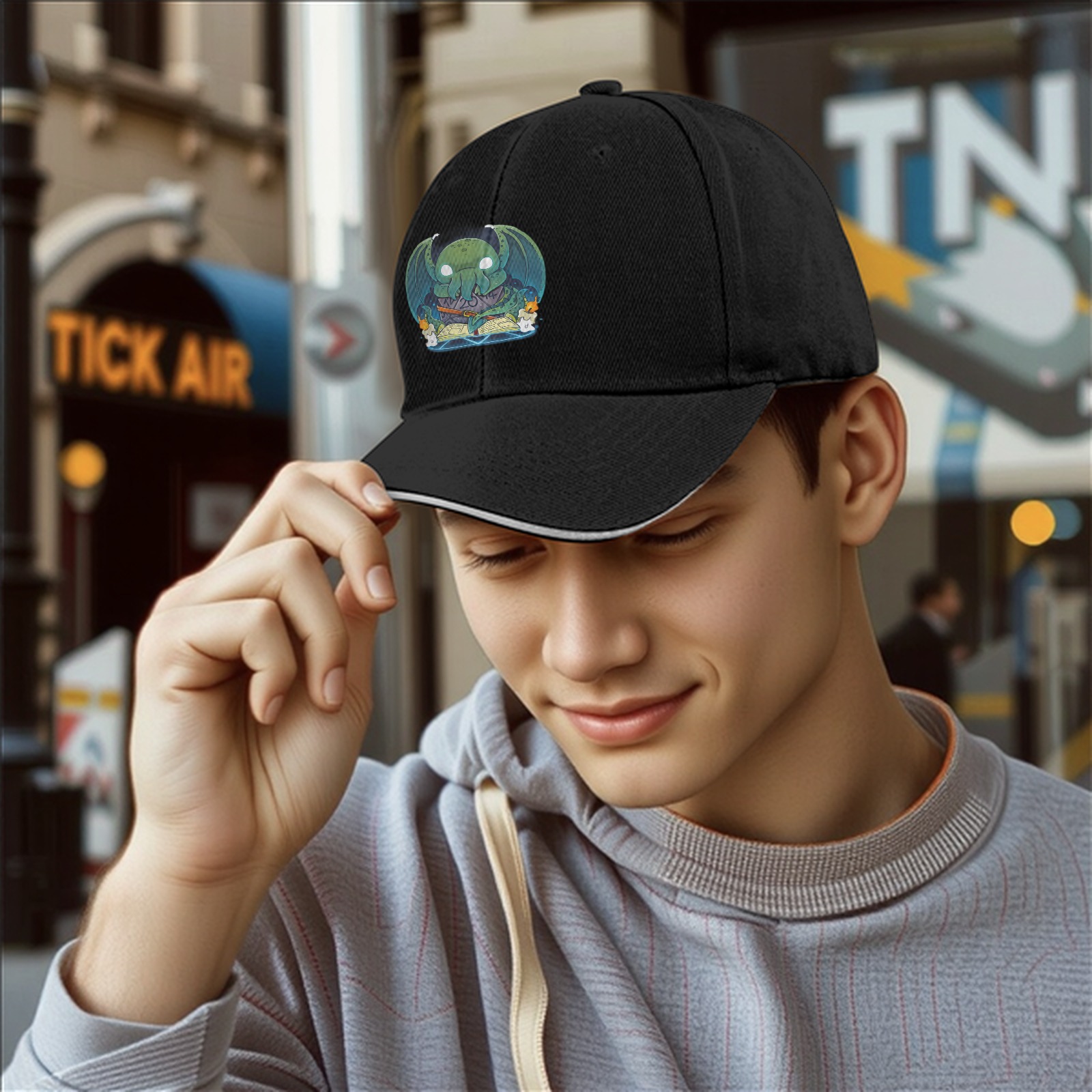 Black Baseball Cap With Cute Cthulhu Reading Spellbook Art
