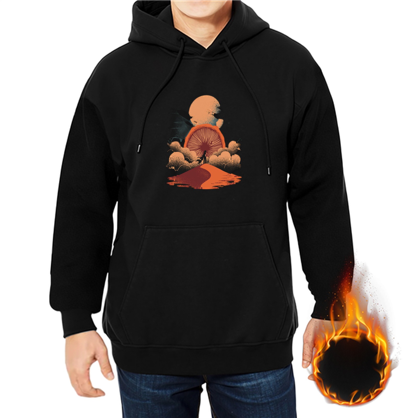 Black hoodie with desert sunset and giant sandworm graphic
