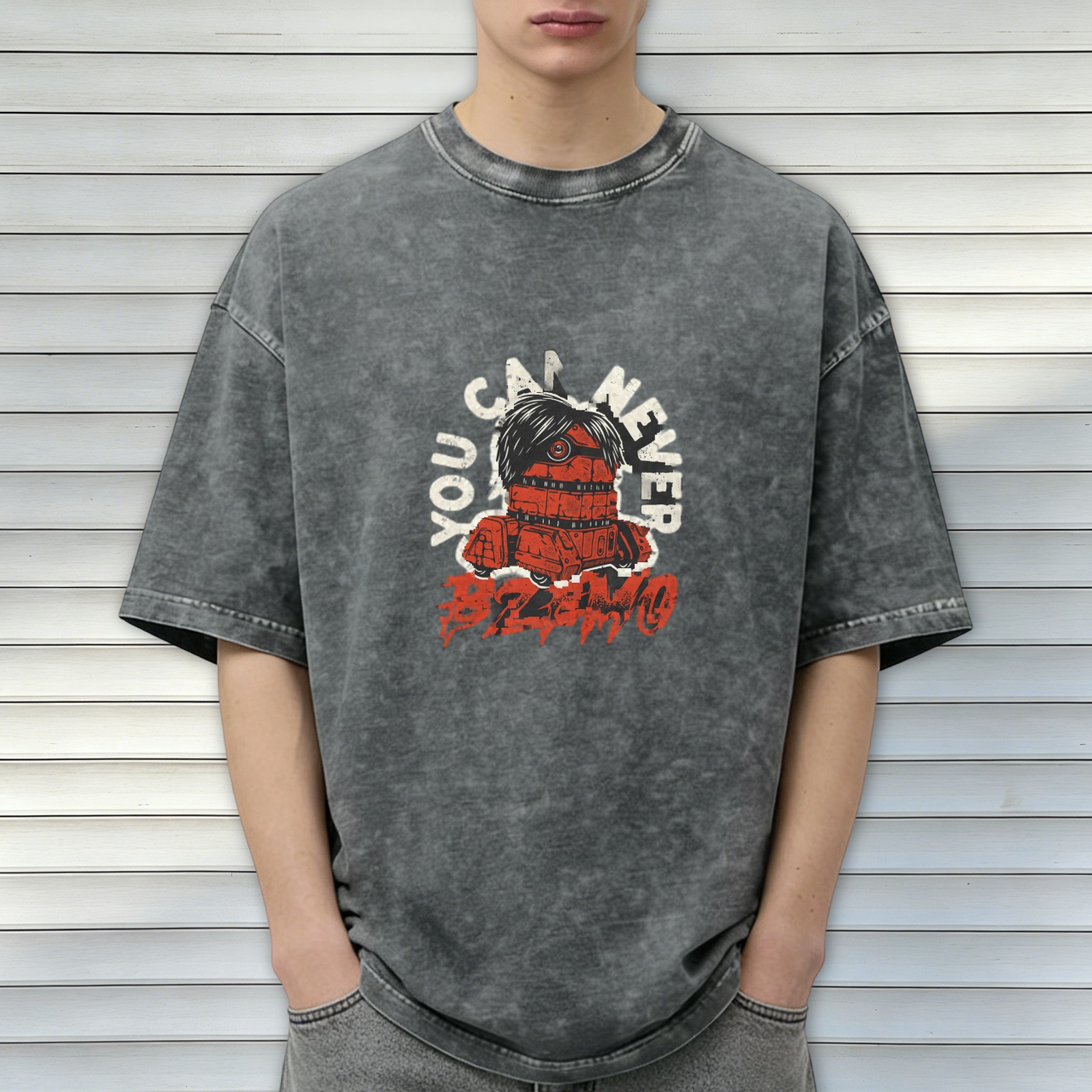 Washed black graphic t-shirt with You Can Never Bzimo text and red robot print