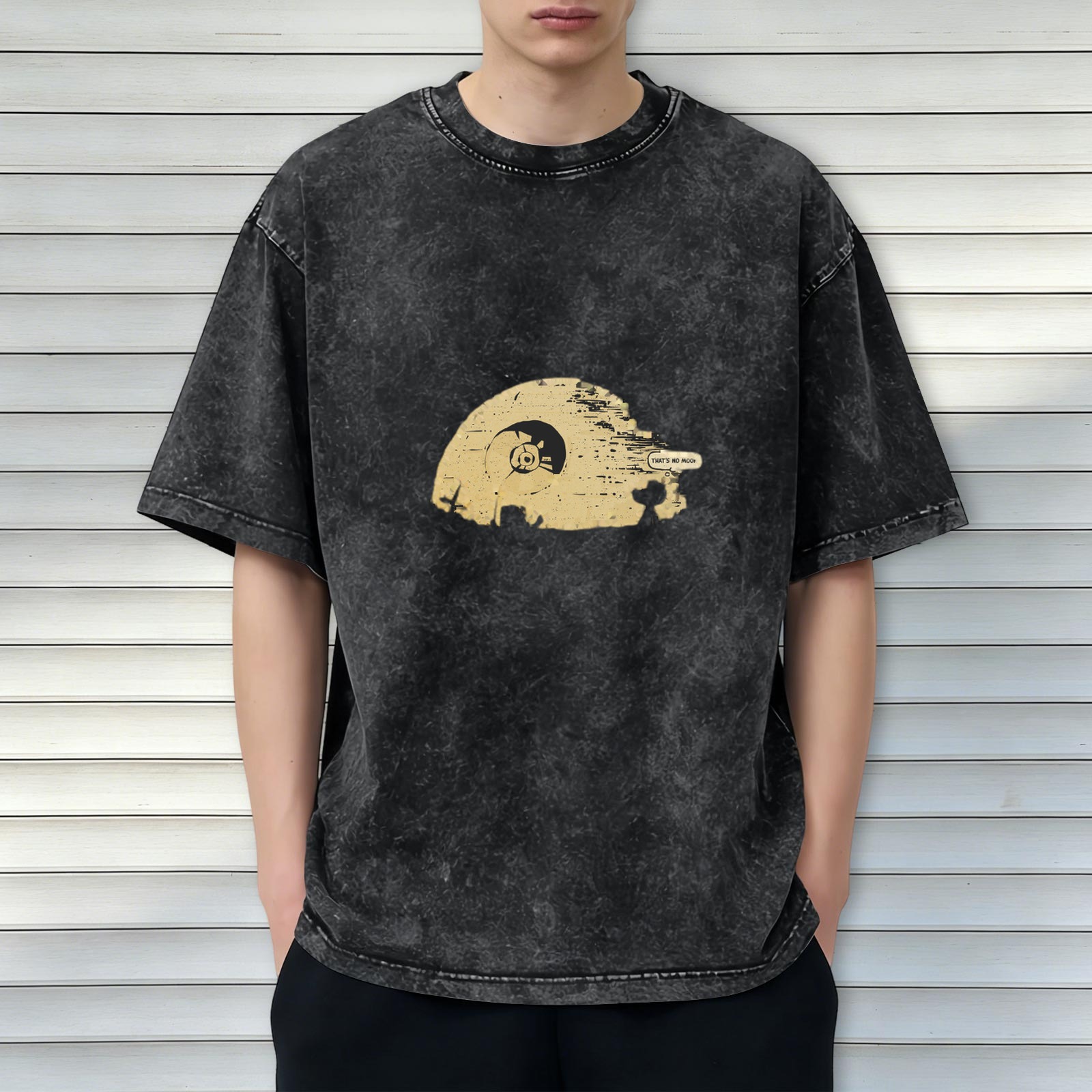 Distressed washed black Star Wars theme T-shirt round neck short-sleeved casual top