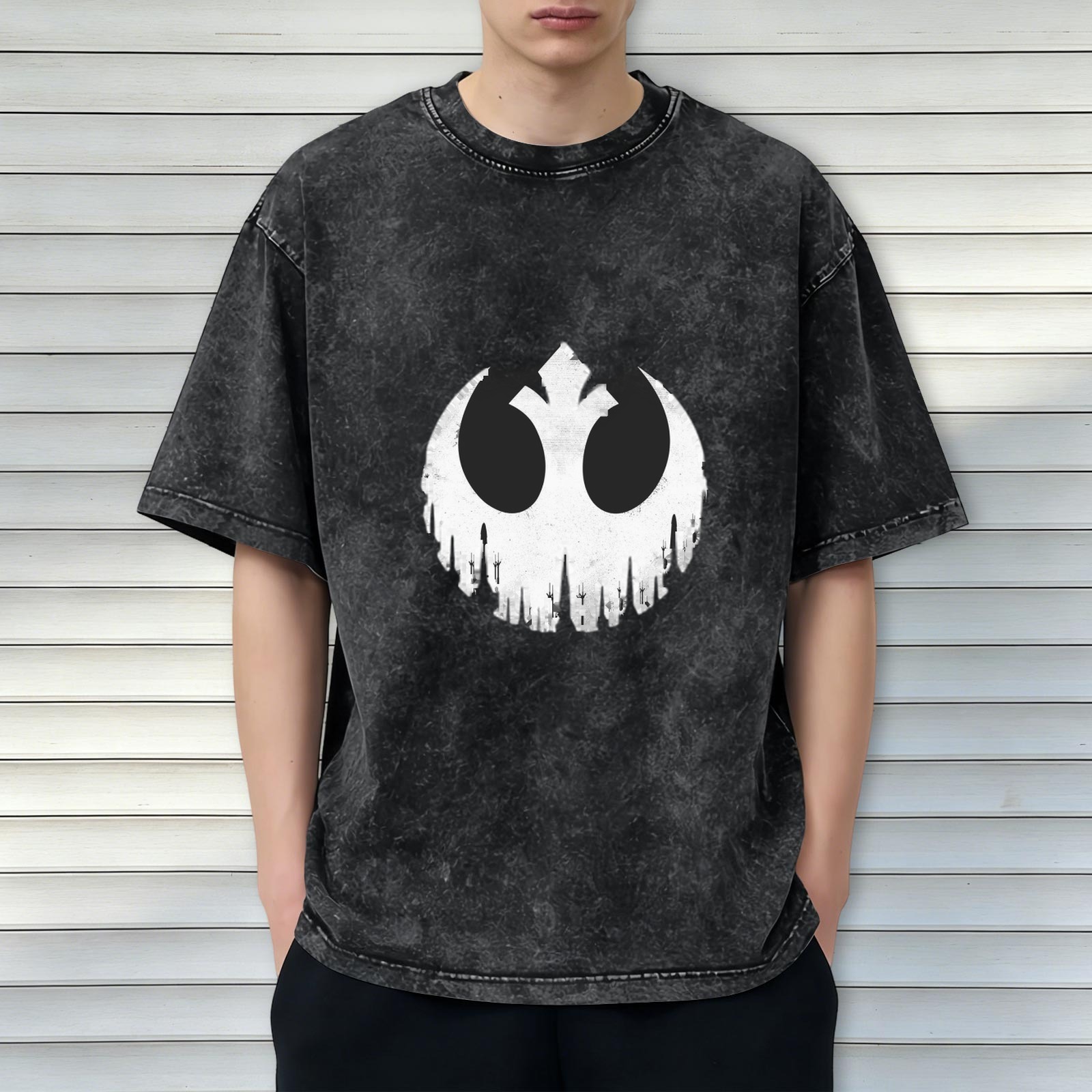 Washed Black T-Shirt with Skull Rebel Alliance Mashup Graphic