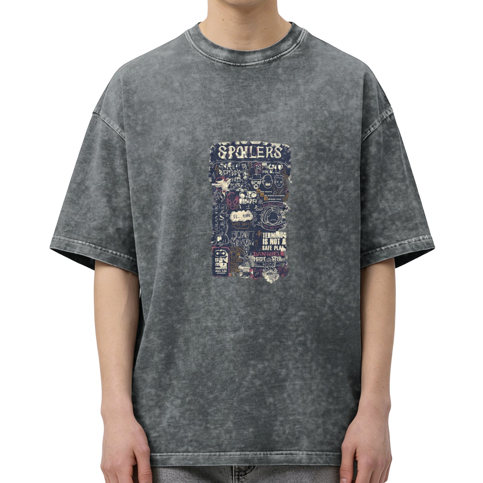 Washed black graphic t-shirt with 'SPOILERS' themed print