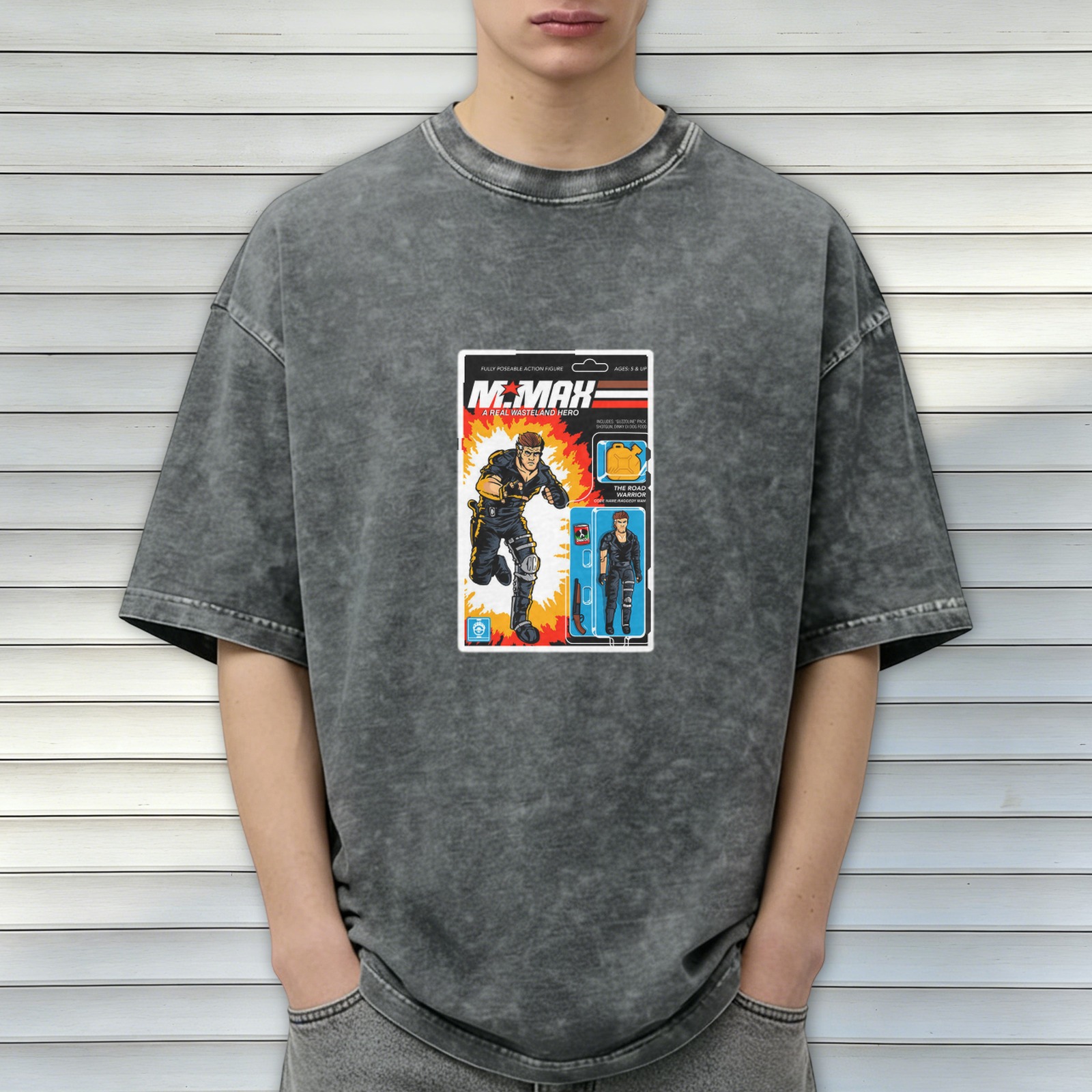 Washed Black T-Shirt with Retro Mr. Max Action Figure Graphic