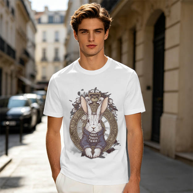 Olive T-Shirt With Steampunk White Rabbit Pocket Watch Art