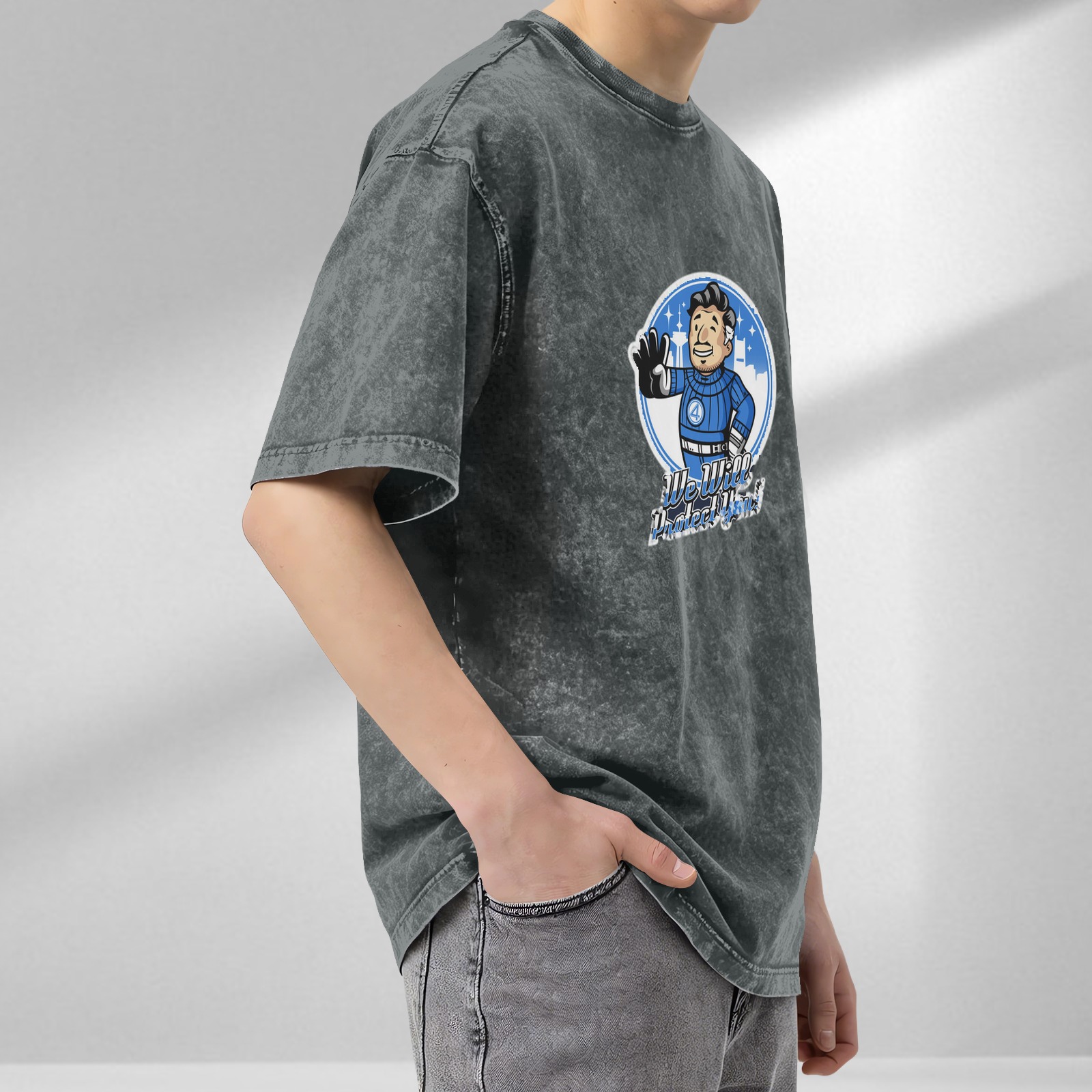 Washed Black T-Shirt with Retro Cartoon Character We Will Protect You Print