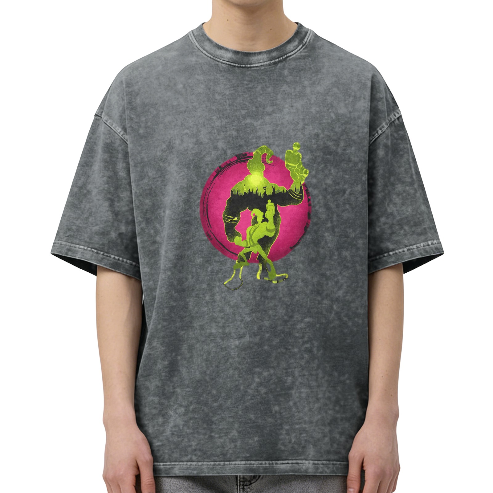 Oversized Acid Wash T-Shirt With Neon Green Cartoon Silhouette Print
