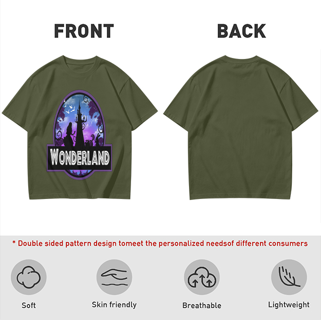 Olive green t-shirt with Wonderland fantasy castle graphic print