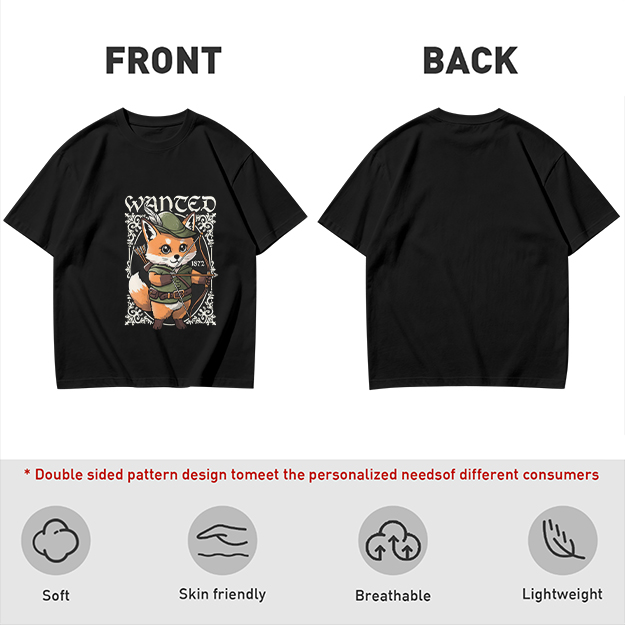 Olive green t-shirt with cute fox archer 'WANTED' graphic