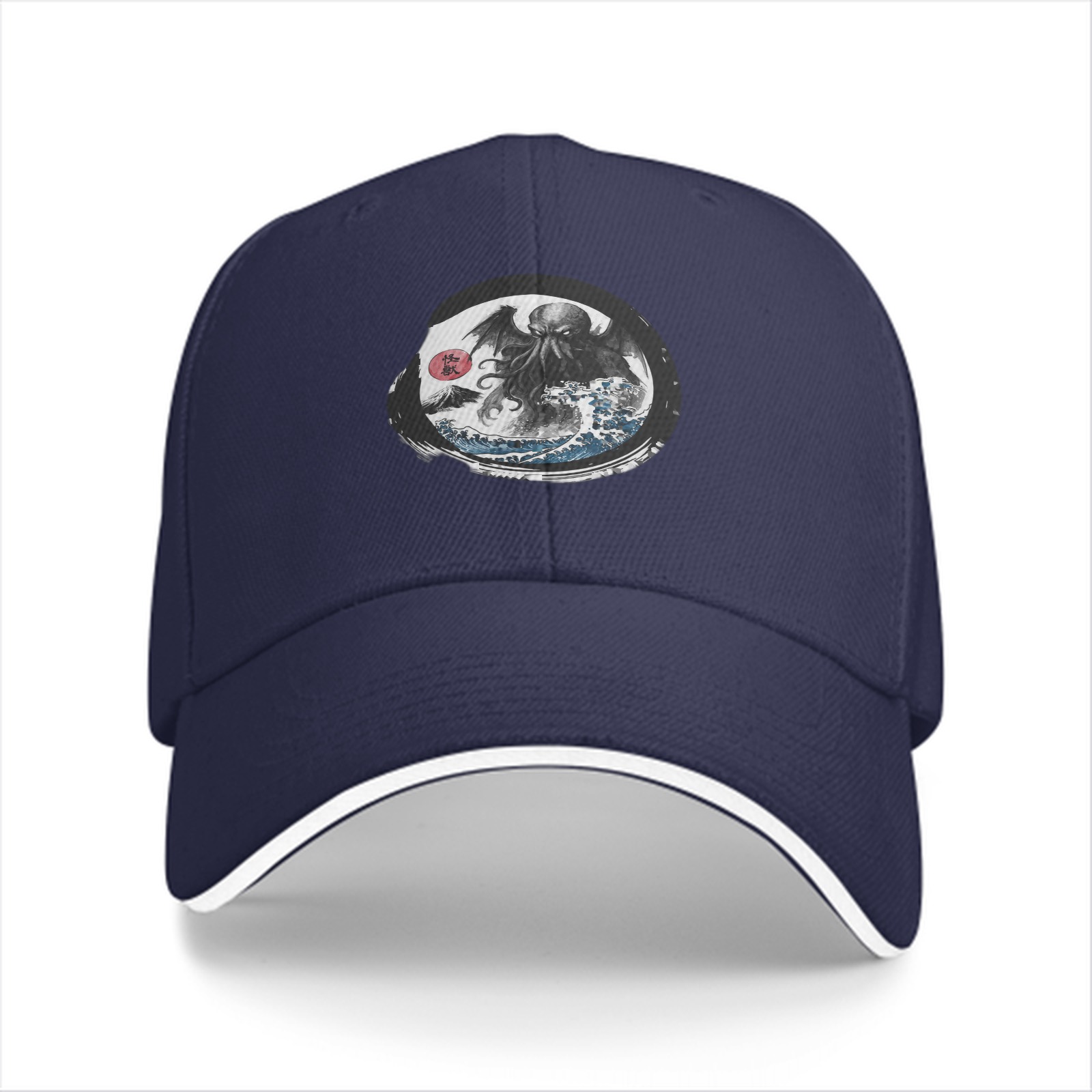 Black Baseball Cap with Cthulhu Great Wave Art Print