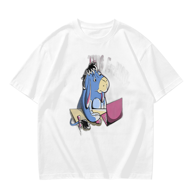 Olive T-Shirt Featuring Eeyore Using a Laptop