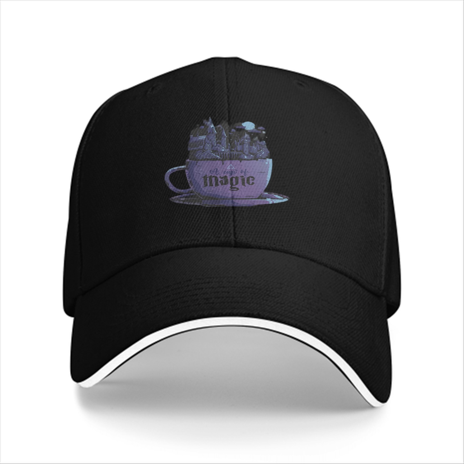 Black baseball cap with purple teacup magic graphic print