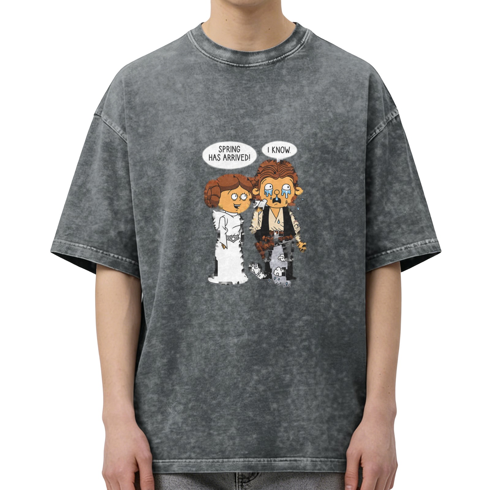 Washed Graphic T-Shirt with Star Wars Parody Spring Arrival Quote