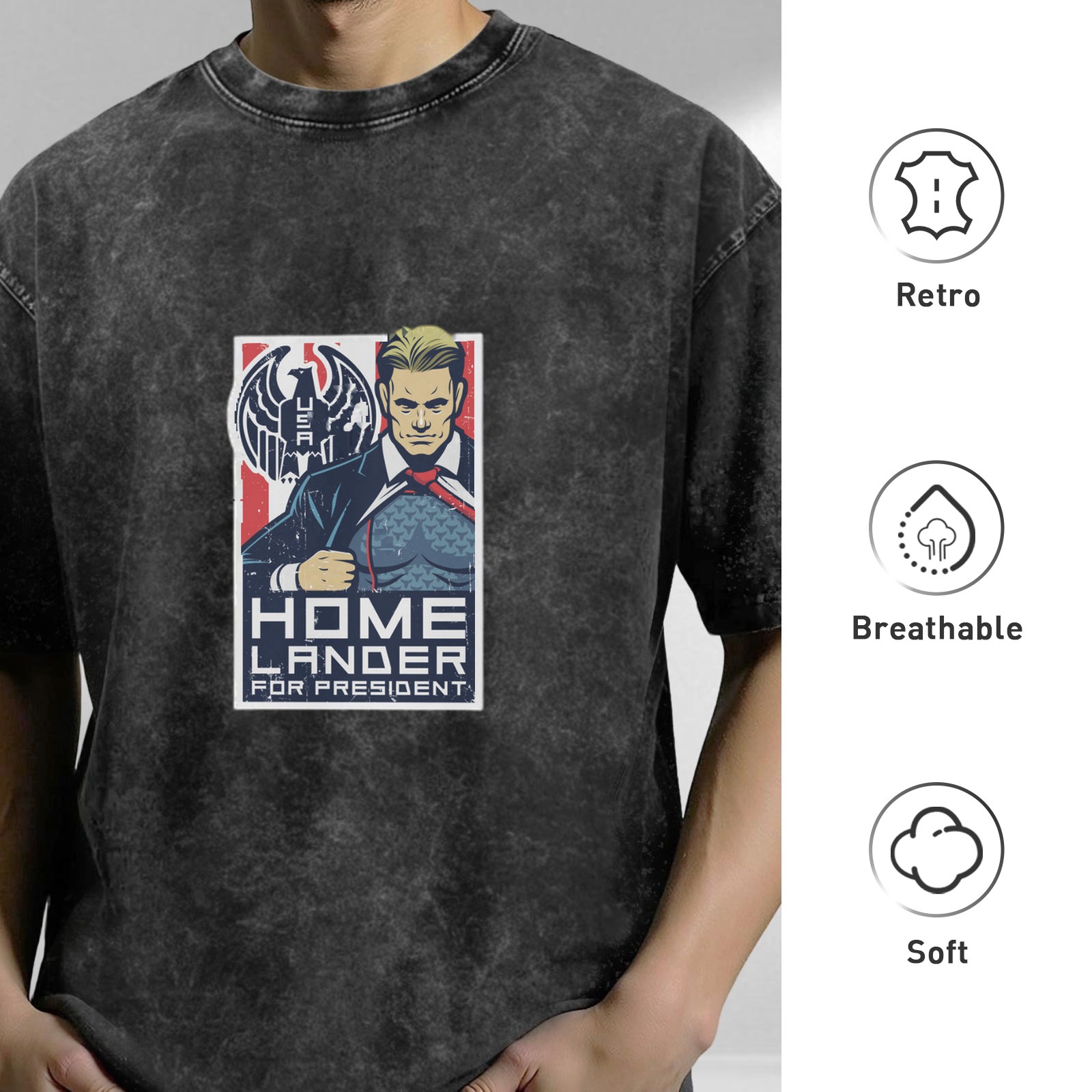 Washed Black T-Shirt With Homelander For President Graphic Print
