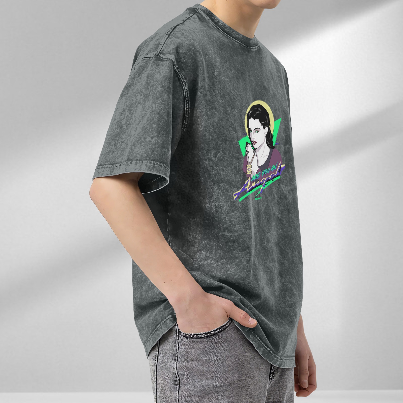 Oversized Dark Wash T-Shirt with Retro Angel Graphic Print