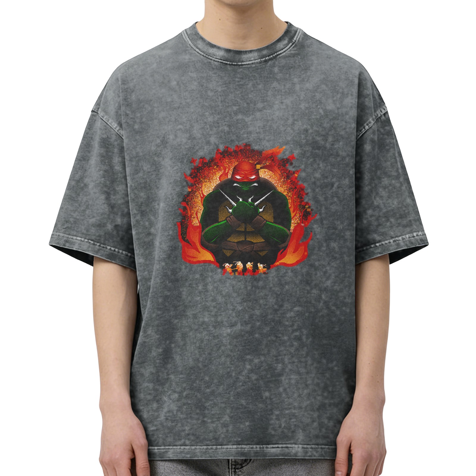 Washed Black T-Shirt With Ninja Turtle Raphael Fire Graphic