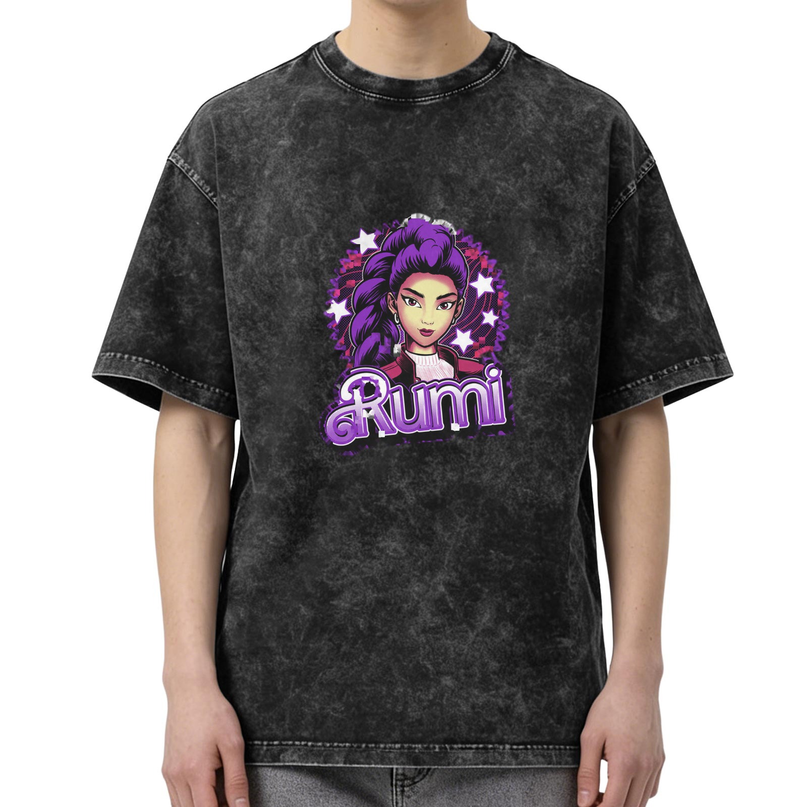 Oversized Black Acid Wash T-Shirt With Rumi Graphic Print