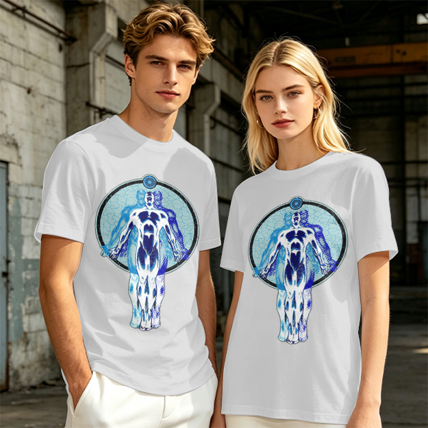 Olive T-Shirt with Glowing Blue Superhero Figure Graphic