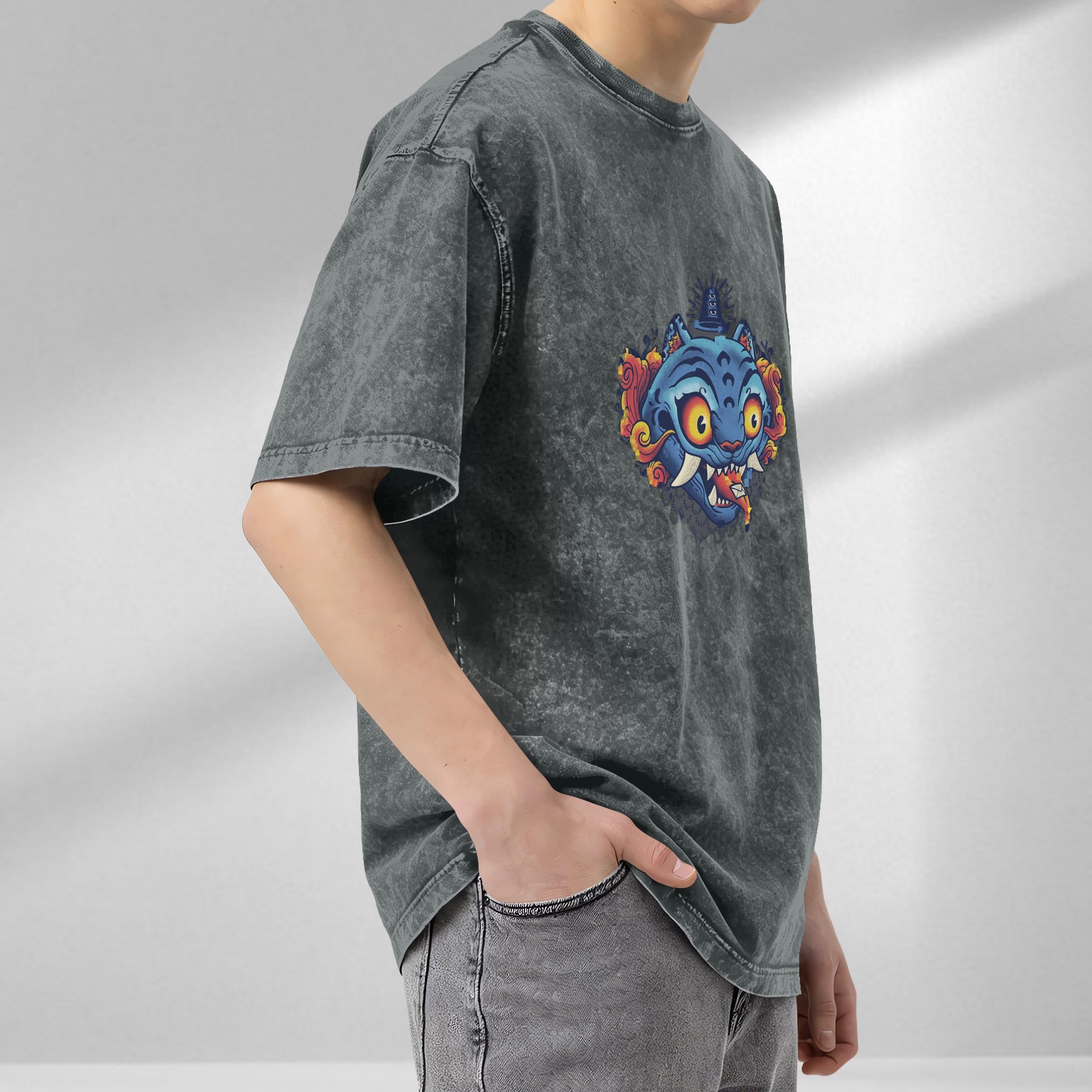 Oversized Acid Wash T-Shirt With Blue Mythical Cat Graphic