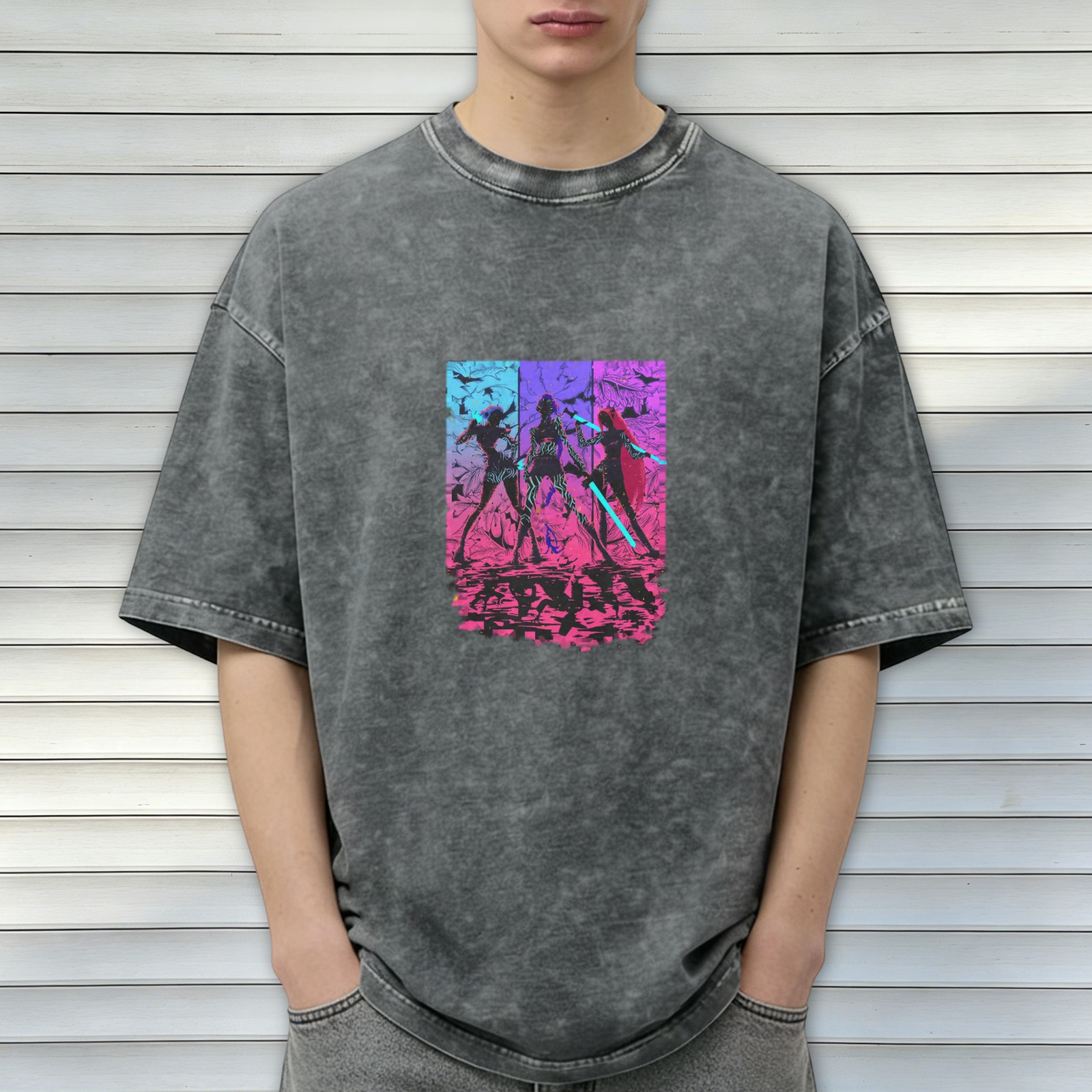Distressed washed black cyber style anime character printed short-sleeved T-shirt
