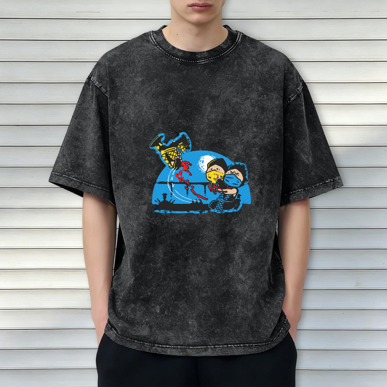 Washed Black Graphic T-Shirt With Cartoon Fight Scene Print