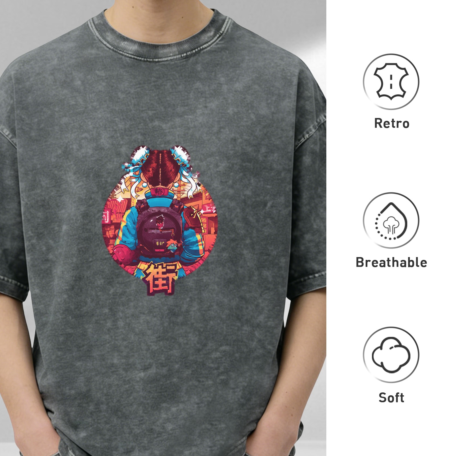 Washed Black Oversized T-Shirt with Japanese Anime Graphic Print