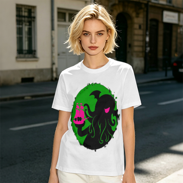 Olive T-Shirt With Cthulhu Holding Pink Ship Graphic Print