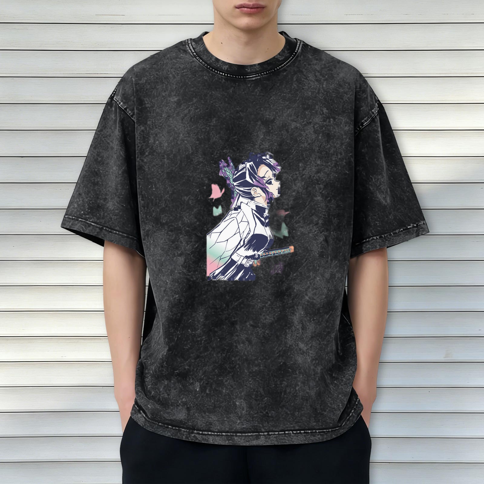 Oversized Vintage Wash Anime Graphic T-Shirt featuring Demon Slayer's Shinobu Kochou with Butterfly Motifs