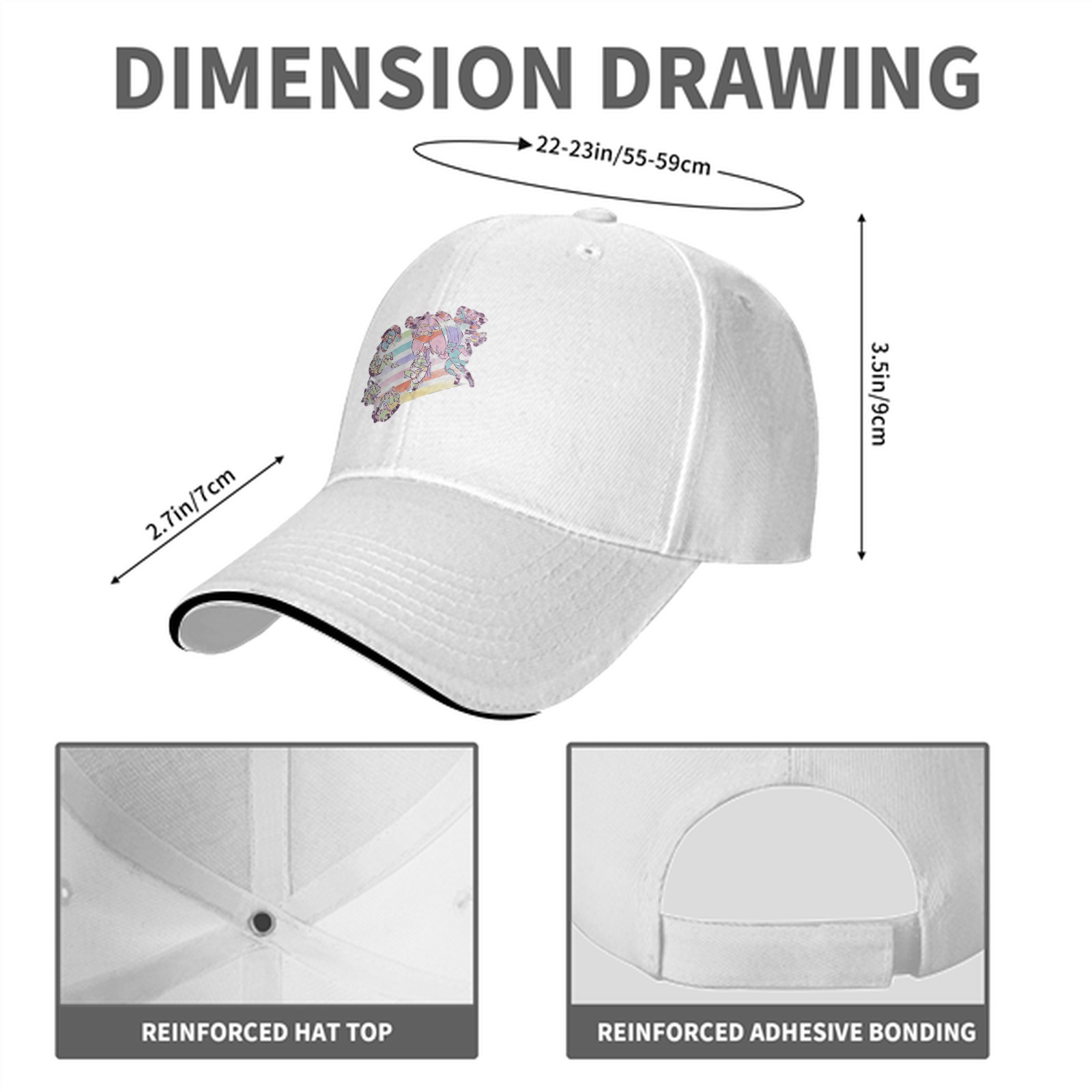 Black Baseball Cap With Pastel Rainbow Anime Character Print