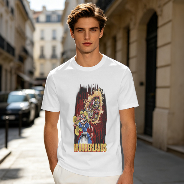 Olive Graphic Tee With Dark Wonderland Themed Cartoon Print